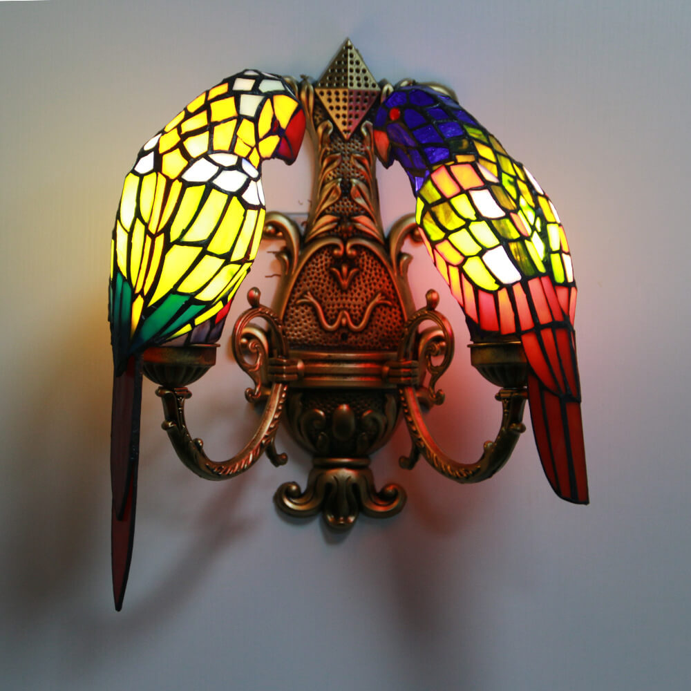 Tiffany Parrot Stained Glass 2-Light Wall Sconce Lamp