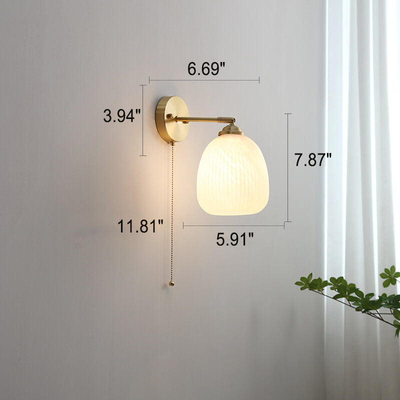 Nordic Striped Milk Glass Brass Pull Cord Wall Sconce