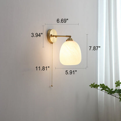 Nordic Striped Milk Glass Brass Pull Cord Wall Sconce