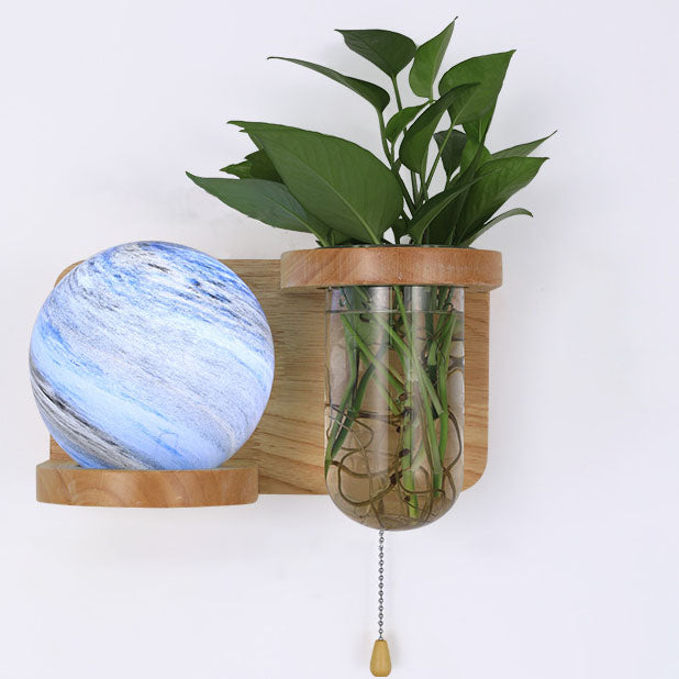 Minimalist Oak Glass Planet 1-Light Wall Sconce Lamp