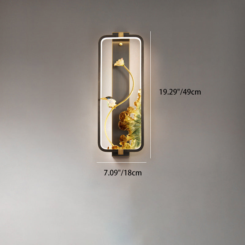Chinese Copper Rectangular Frame LED Wall Sconce Lamp