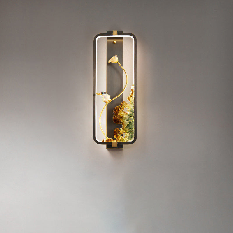 Chinese Copper Rectangular Frame LED Wall Sconce Lamp