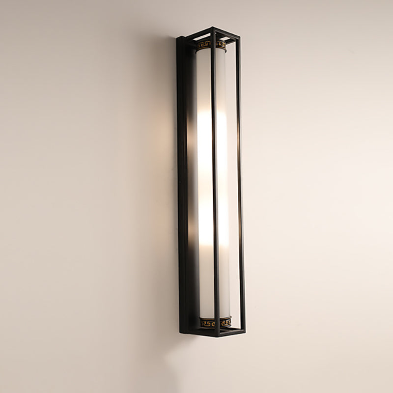 Chinese Glass Rectangular Cylinder 2-Light Wall Sconce Lamp