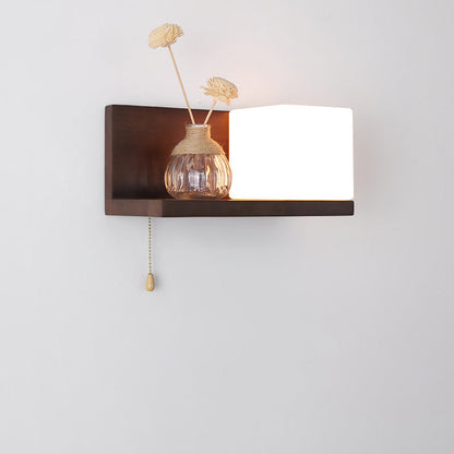 Rectangular Shelf Wood Glass 1-Light Wall Sconce Lamp