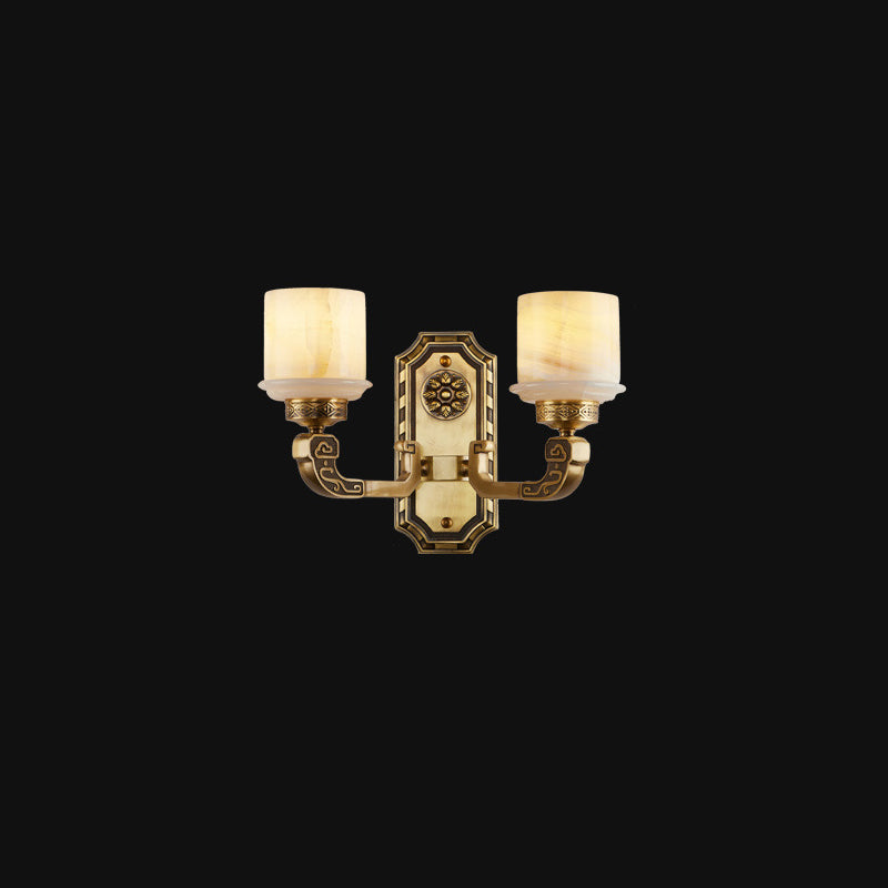 Chinese Copper Marble Cylinder 1/2 Light Wall Sconce Lamp