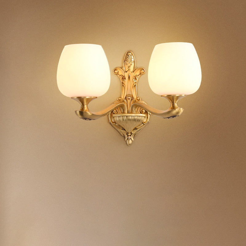Brass Glass Cup Carving Base 1/2 Light Wall Sconce Lamp