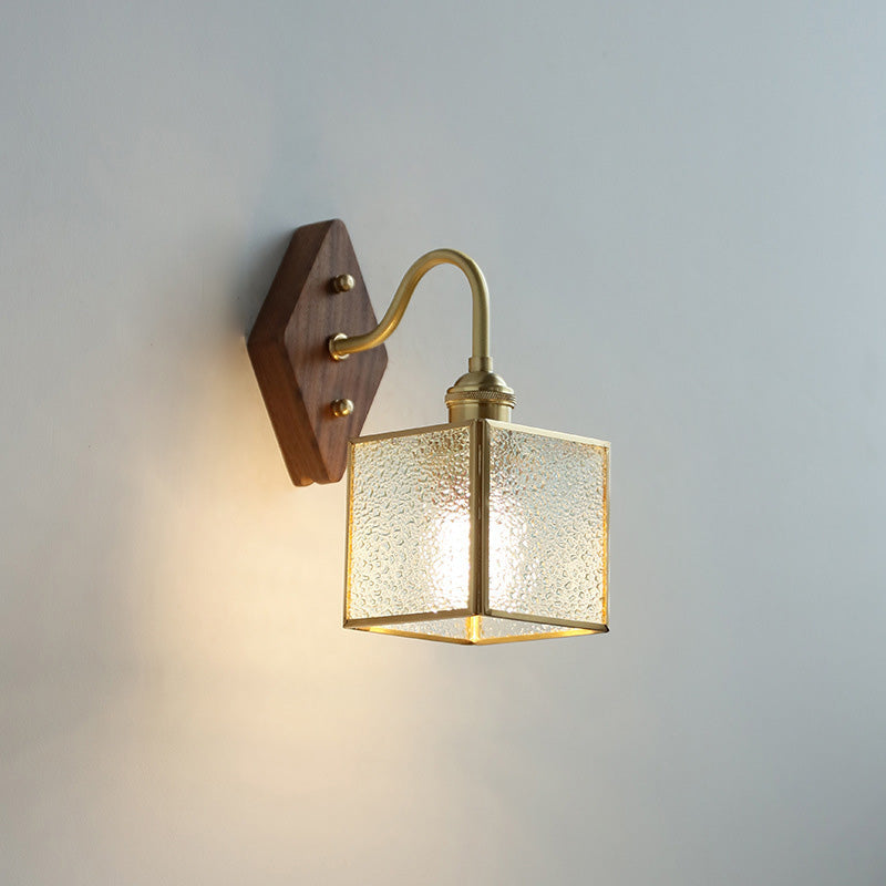 Square Copper Glass Wood 1-Light Wall Sconce Lamp
