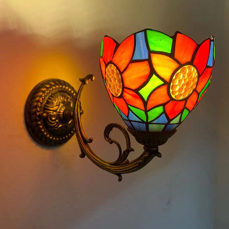 Tiffany Flower Iron Stained Glass 1-Light Wall Sconce Lamp
