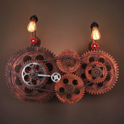 Industrial Iron Water Pipe Gear 2-Light Wall Sconce Lamp