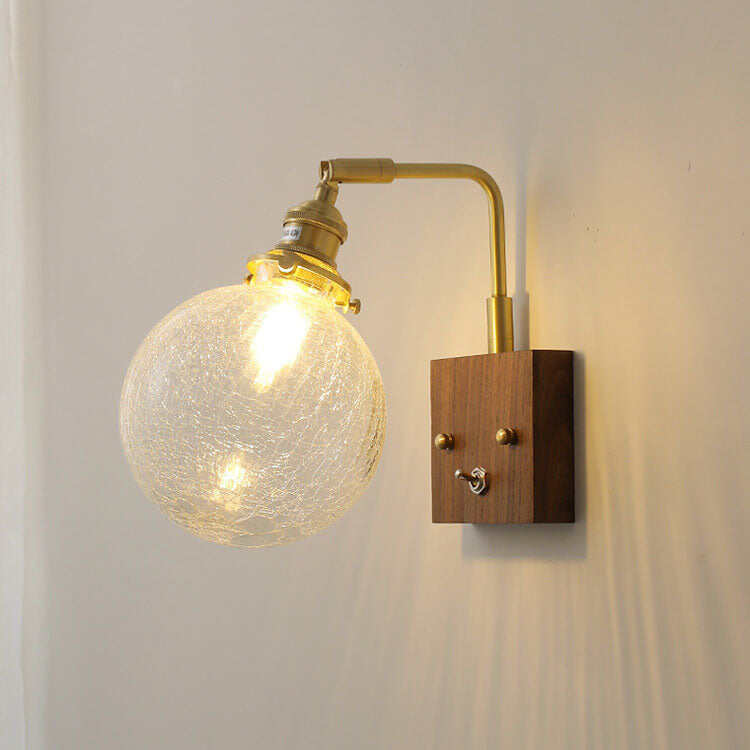 Japanese Round Ball Wood Brass 1-Light Wall Sconce Lamp