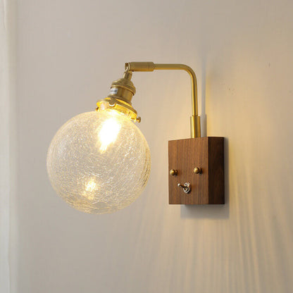 Japanese Round Ball Wood Brass 1-Light Wall Sconce Lamp