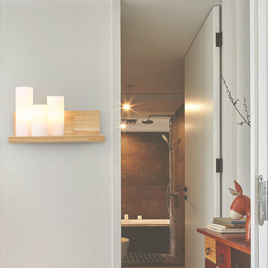 Japanese Cylindrical Wooden Glass 1-Light Wall Sconce Lamp