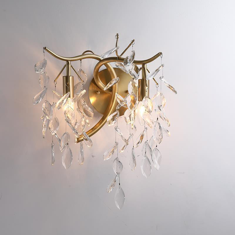 French Leaf Iron Copper Crystal 2-Light Wall Sconce Lamp