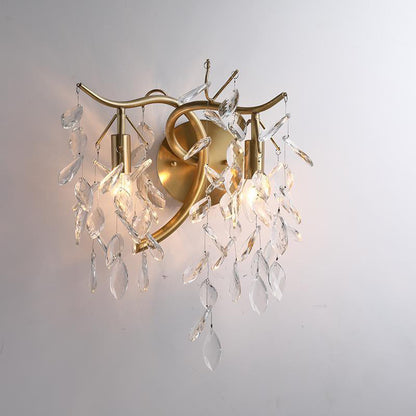 French Leaf Iron Copper Crystal 2-Light Wall Sconce Lamp
