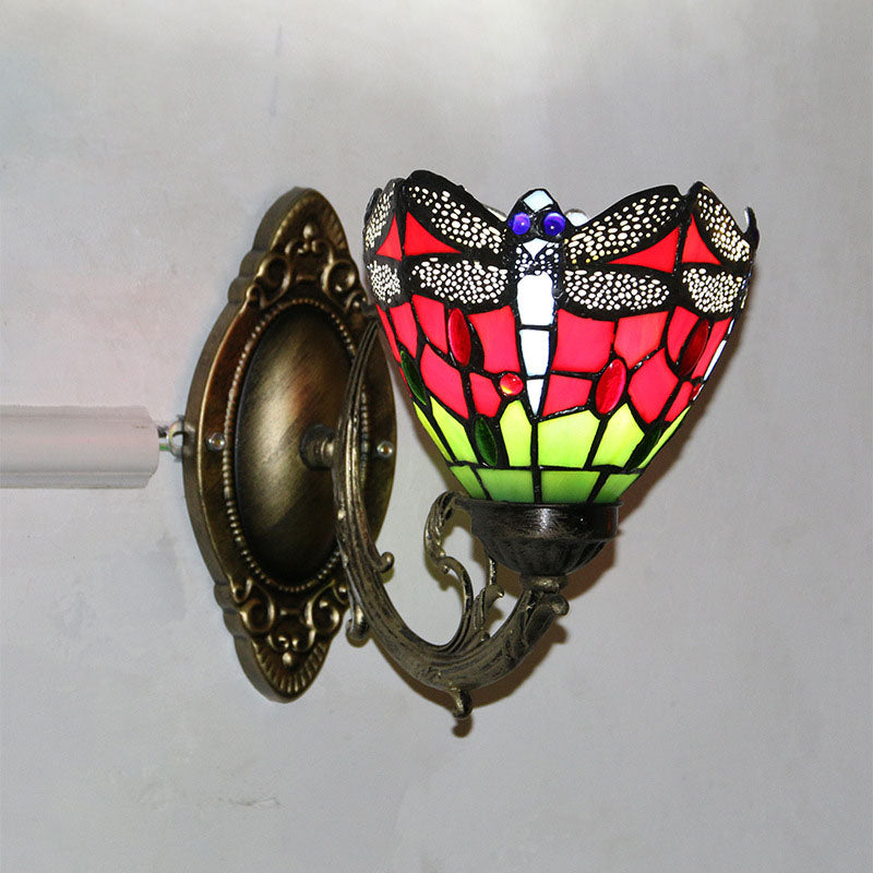Tiffany Glass Iron Round Bowl 1-Light Wall Sconce Lamp