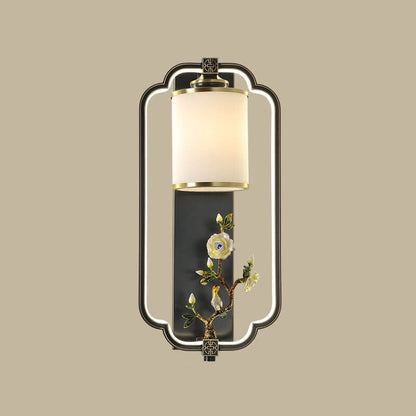 Chinese Jade Copper Square Oval 1- Light Wall Sconce Lamp