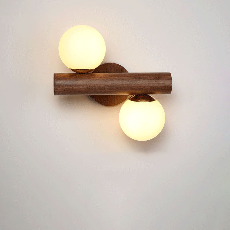 Scandinavian Orb Rubberwood Glass 2-Light Wall Sconce Lamp