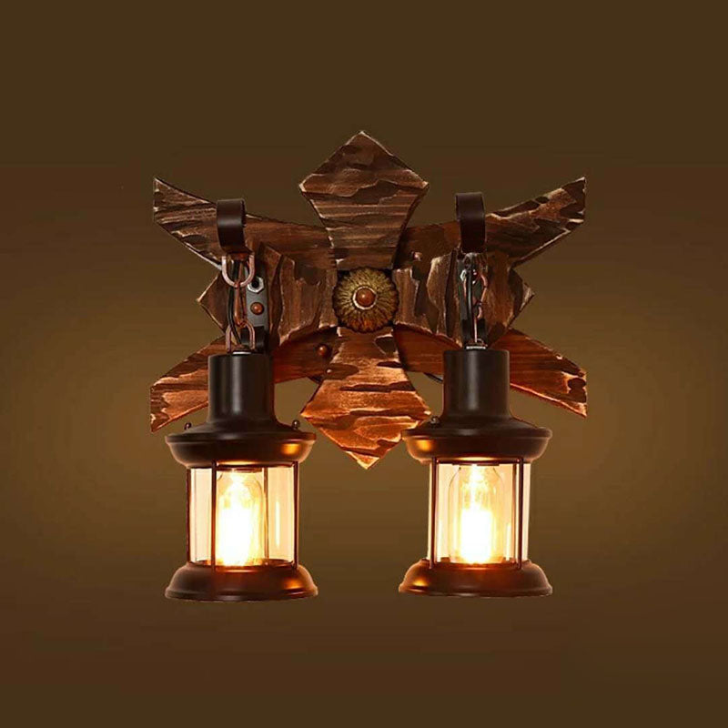 Farmhouse Wood Frame Iron 2-Light Wall Sconce Lamp