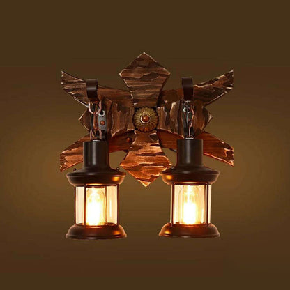 Farmhouse Wood Frame Iron 2-Light Wall Sconce Lamp