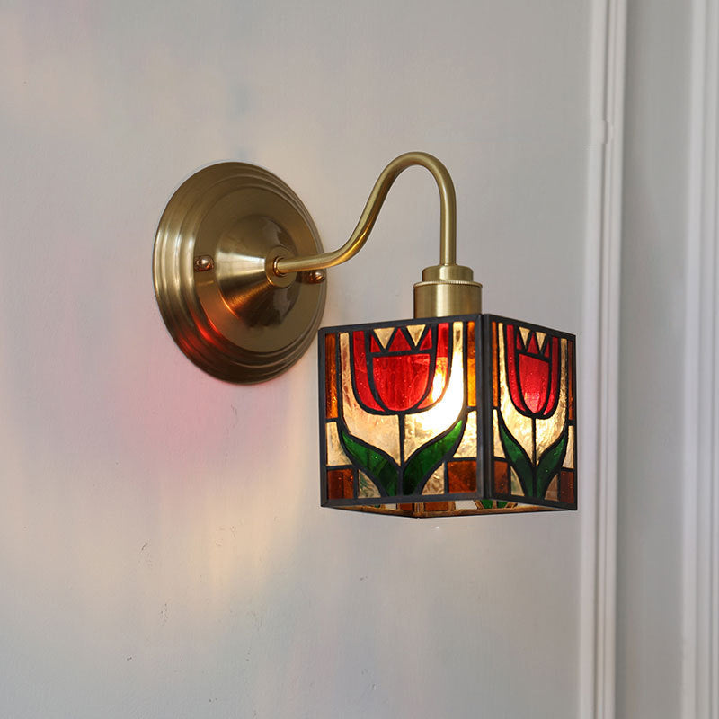 Square Cube Tulip Brass Glass 1-Light Wall Sconce Lamp