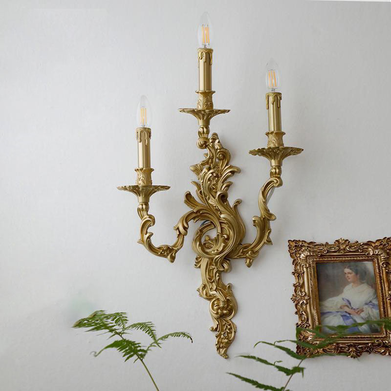 French Brass Candelabra Carved 2/3 Light Wall Sconce Lamp