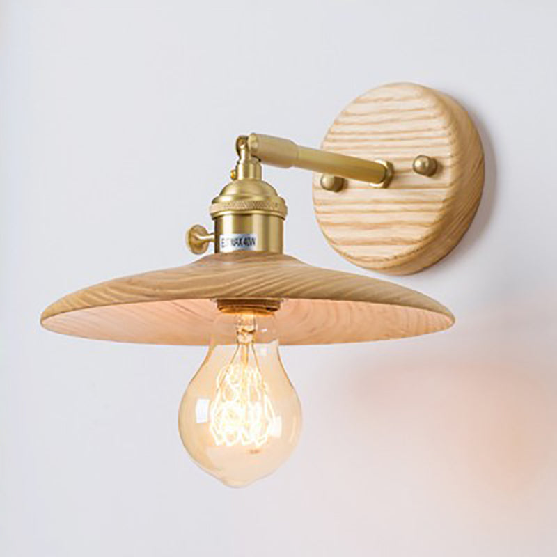 Round Wood Grain Brass Wood 1-Light Wall Sconce Lamp