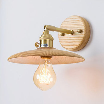 Round Wood Grain Brass Wood 1-Light Wall Sconce Lamp