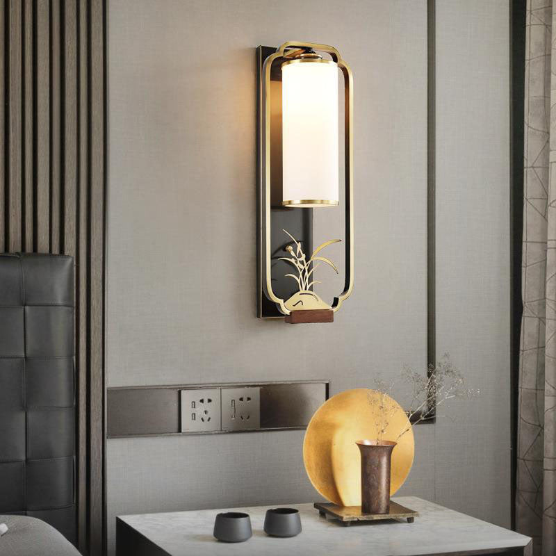 Chinese Glass Cylinder Shade 1-Light Wall Sconce Lamp