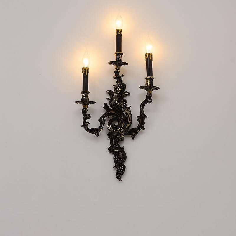 French Black Copper Candlestick 3-Light Wall Sconce Lamp