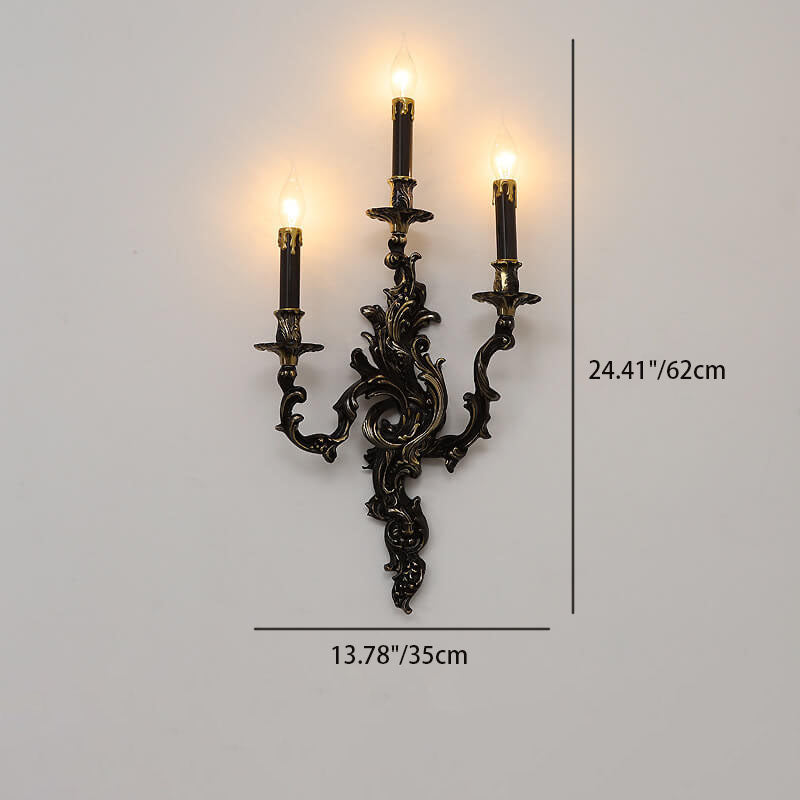 French Black Copper Candlestick 3-Light Wall Sconce Lamp