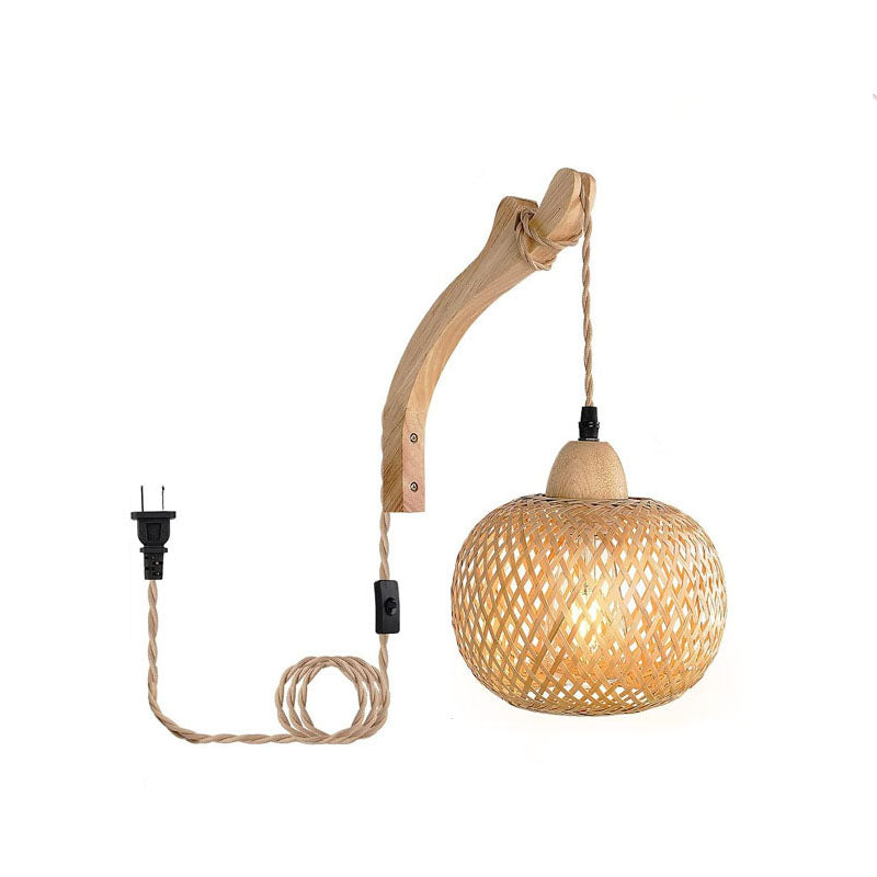 Japanese Round Head Rattan Weaving 1-Light Wall Sconce Lamp