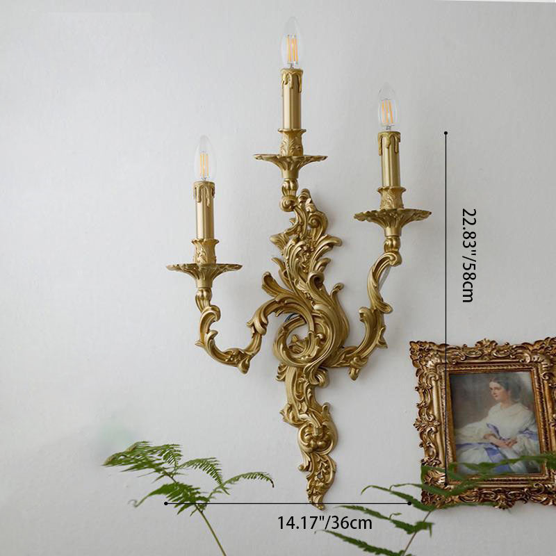 French Brass Candelabra Carved 2/3 Light Wall Sconce Lamp