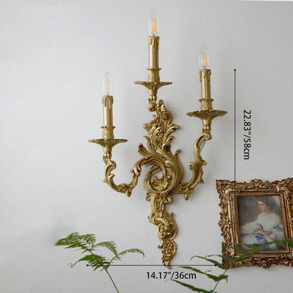 French Brass Candelabra Carved 2/3 Light Wall Sconce Lamp