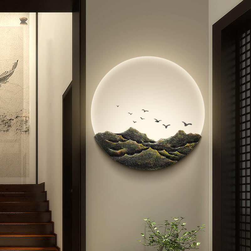 Chinese Resin Mountain Acrylic Round LED Wall Sconce Lamp