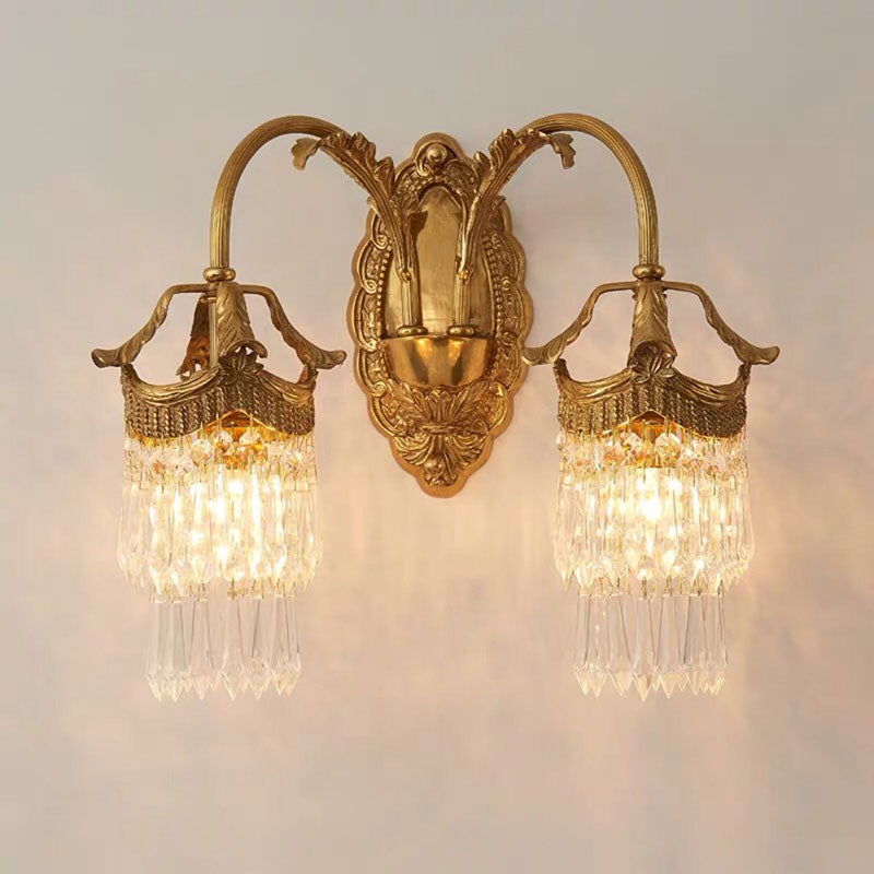 French Carved Leaf Brass Crystal 1/2 Light Wall Sconce Lamp