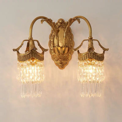French Carved Leaf Brass Crystal 1/2 Light Wall Sconce Lamp