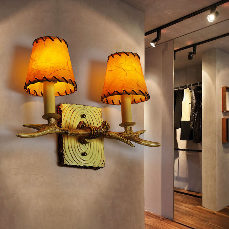 Antler Resin Faux Parchment Shade 2-Light Wall Sconce Lamp