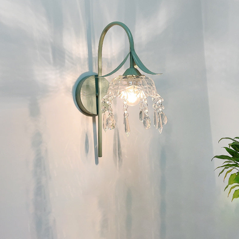 Iron Flower Glass Shade Crystal 1-Light Wall Sconce Lamp