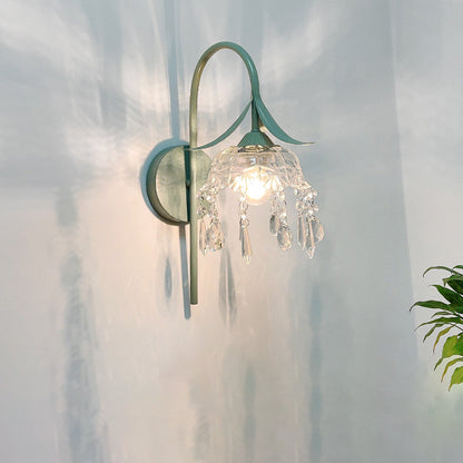 Iron Flower Glass Shade Crystal 1-Light Wall Sconce Lamp