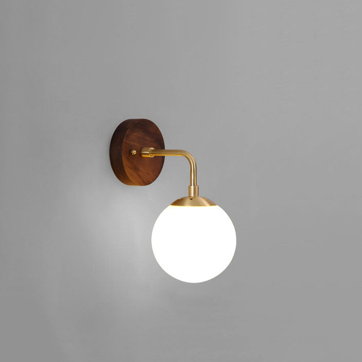 Walnut Brass Glass Round Orb 1-Light Wall Sconce Lamp