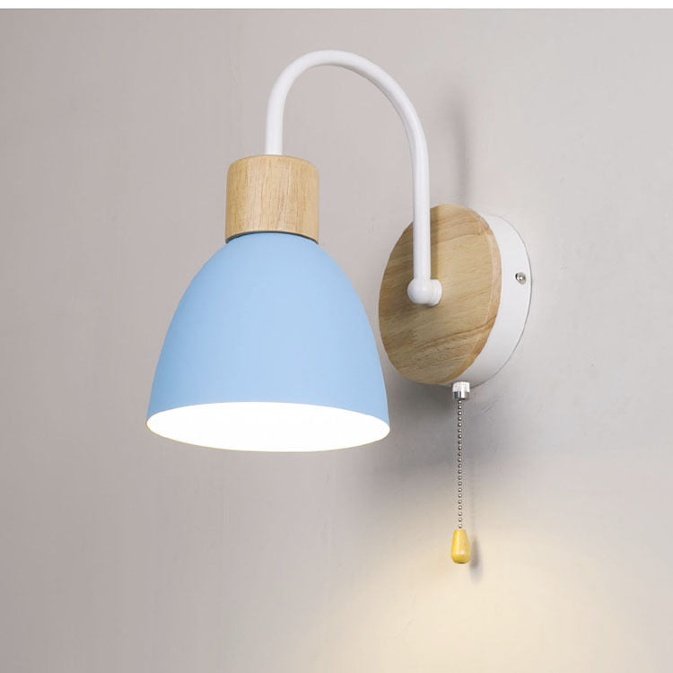 Macaron Pole Round Cup Iron Wood 1-Light Wall Sconce Lamp