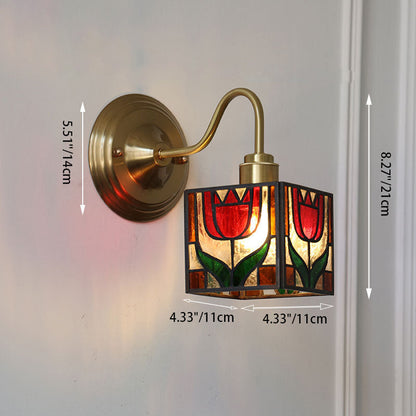 Square Cube Tulip Brass Glass 1-Light Wall Sconce Lamp