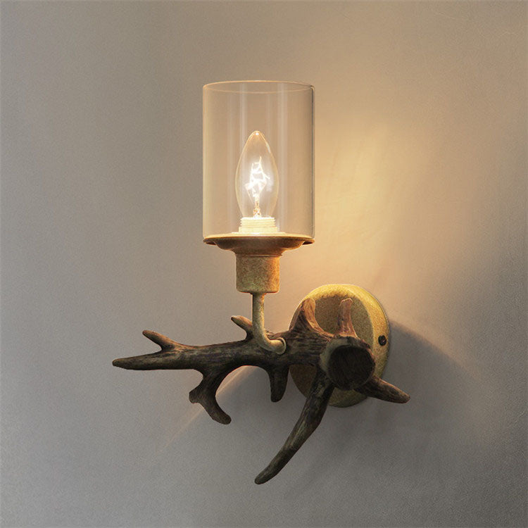 Antler Resin Glass Cylinder 1-Light Wall Sconce Lamp