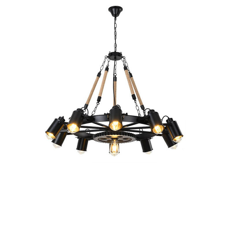 Industrial Retro Gear Wrought Ion Hemp Rope 6/8/10-Light Chandelier