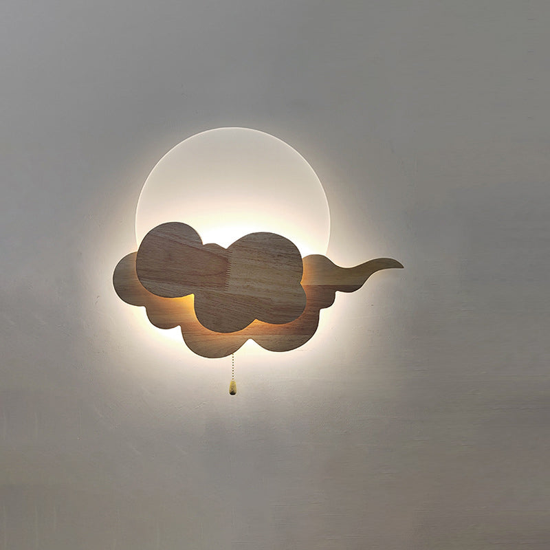 Chinese Round Cloudy Wood Acrylic LED Wall Sconce Lamp