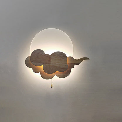 Chinese Round Cloudy Wood Acrylic LED Wall Sconce Lamp