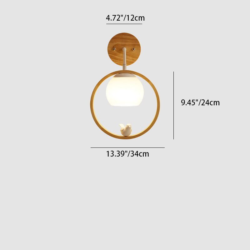 Scandinavian Bird Round Wood Glass 1-Light Wall Sconce Lamp