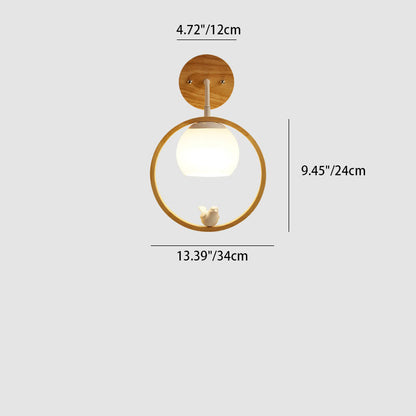 Scandinavian Bird Round Wood Glass 1-Light Wall Sconce Lamp