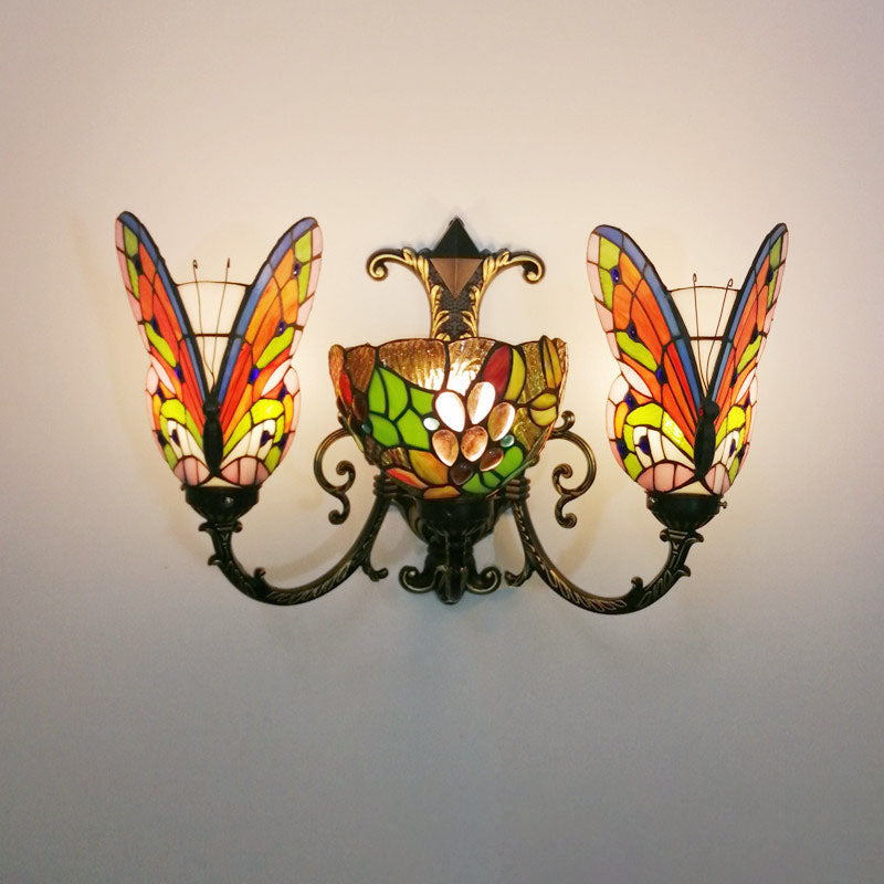 Tiffany Butterfly Alloy Iron Glass 3-Light Wall Sconce Lamp
