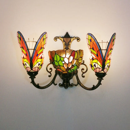 Tiffany Butterfly Alloy Iron Glass 3-Light Wall Sconce Lamp